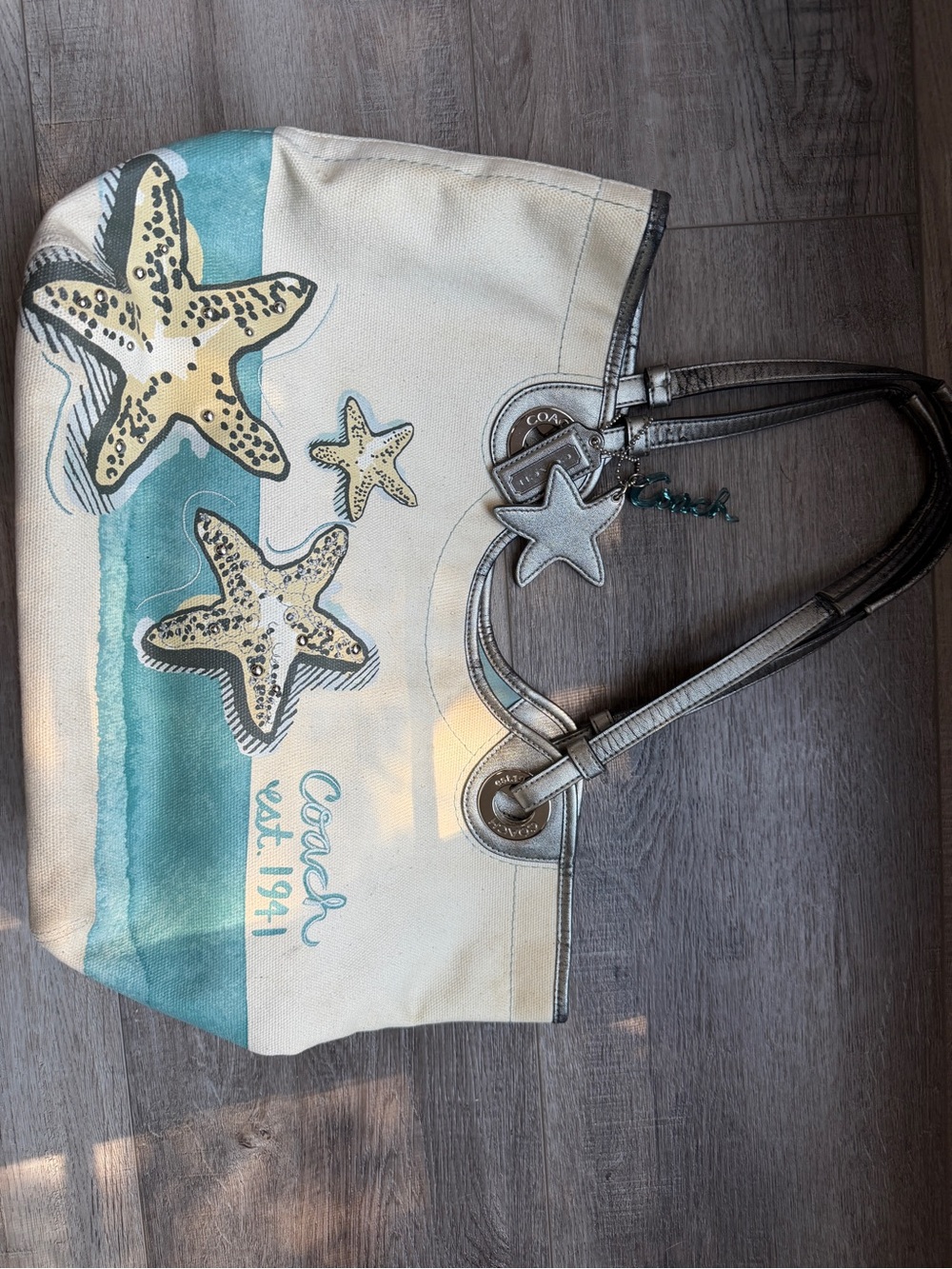 Coach Canvas Tote with Teal Stripe and Starfish Motif